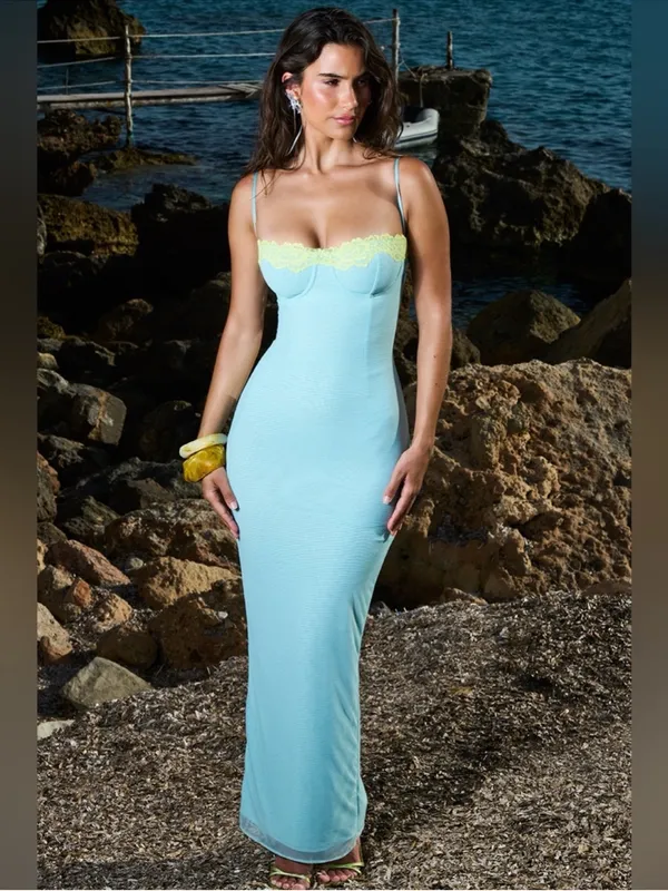 House of CB Aiza Ocean Blue Contrast Lace Maxi Dress L - Image 12