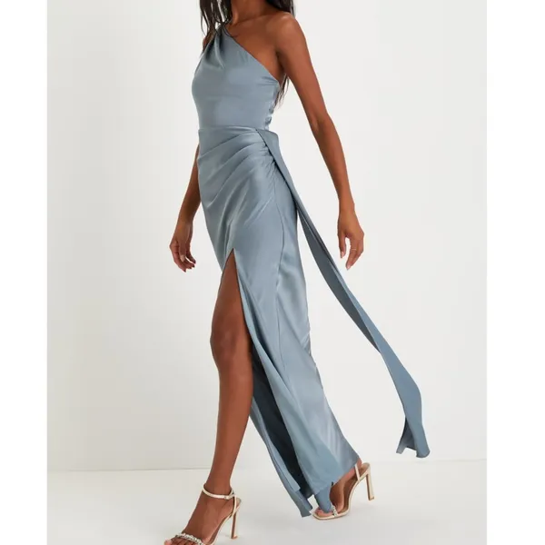 NEW Lulus Signature Elegance Slate Blue Satin One-Shoulder Pleated Maxi Dress 1X - Image 6