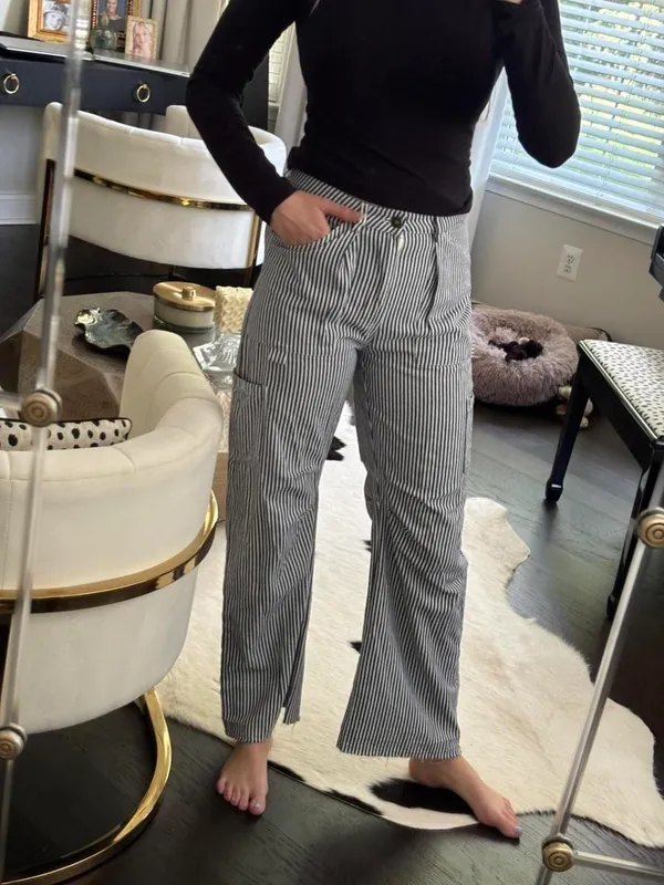 Lioness Navy and White Striped Cargo Denim - Image 2