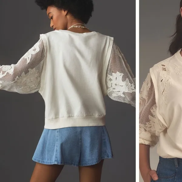 Anthropologie White Embroidered Cutwork Sweatshirt – Size XS (Oversized Fit) - Image 3