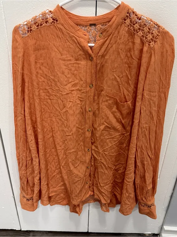Free People Orange Crochet Lace Button Down Blouse - Image 3