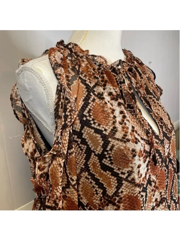 Snake Print Cold Shoulder Ruffle Blouse XS Tie Neck - Image 6