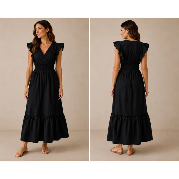 Molly Bracken Black Cotton Ruffle Maxi Dress Smocked Waist V-Neck‎ Size M - Image 2