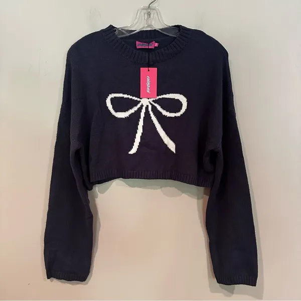 EDIKTED Knit Bow Cropped Sweater‎ Women's XS/S Navy Boho Dainty Coquette Girl - Image 6