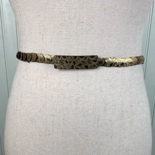 Vintage 80s Gold Coin Flower Leaf Embossed Disc Stretch Belt One Size Botanical - Image 8