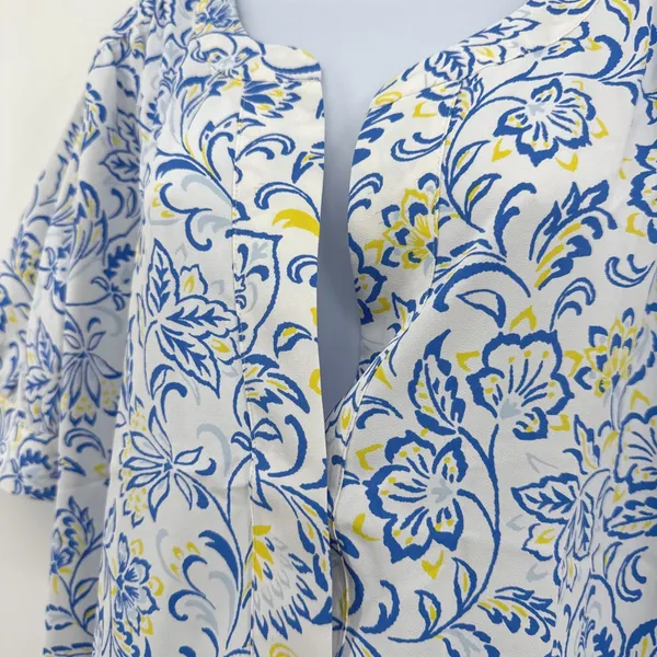 Ann Taylor NWT Women M Blue Yellow Floral Short Sleeve Split Neck Blouse Top - Image 3