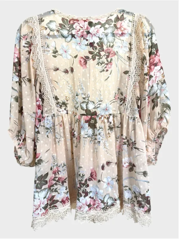 POL Floral Print Lace Detail 3/4 Sleeve Sheer Top Size S - Image 2