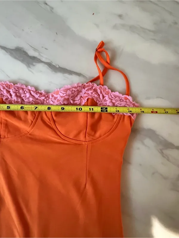 Micas Orange Pink Lace Bustier Maxi Dress Spaghetti Strap Size M - Image 4