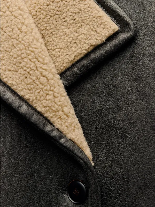 Zara Black Faux Leather Pea Coat with Cream Shearling Collar - Image 6