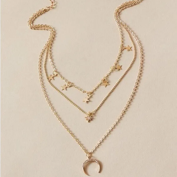Dainty Star Rhinestone Moon Charm Layered Necklace - Image 2