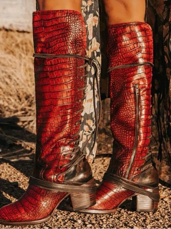 Freebird Coal Red Croco Leather Knee High Boots Zip Lace Up Women’s Size 7 - Image 2
