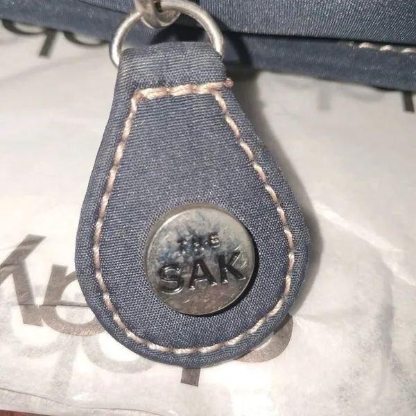 The Sak Green Woven Satchel Purse W/ Navy Blue Trim Vintage Boho Style Handbag - Image 10