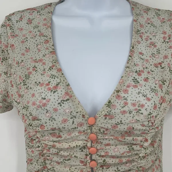 Coquette Y2K Mini Floral Mesh Top Sz M Deep V Ruch Festival Crop Cottage Fairy - Image 3