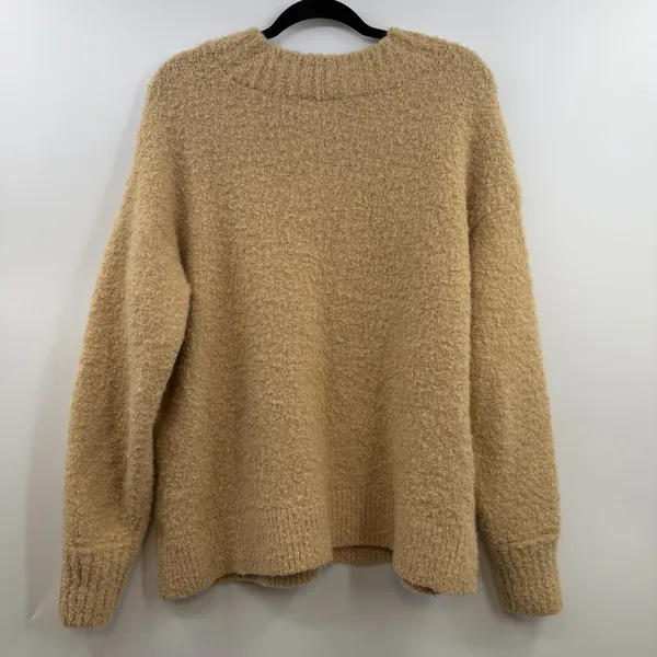 Aerie Teddy Boucle Sweater Womens L Tan Camel Fuzzy Oversized V Neck Wool Blend - Image 5