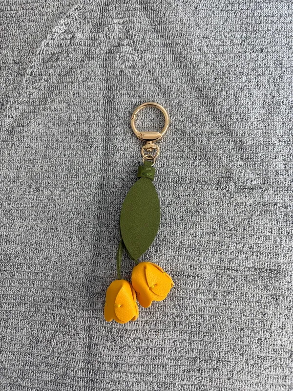 Leather Yellow Tulip Bag Charm Keychain - Floral Purse Accessory & Key Ring - Image 2