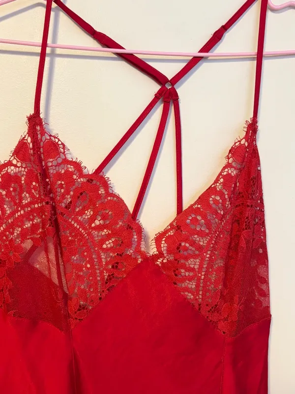 Jezebel Silky Satin Lace Sheer Sexy Lingerie Slip Mini Dress Red Womens Large - Image 2