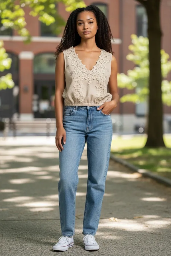 POL Women's Beige Waffle Knit Floral Embroidered Cropped Vest - Image 2