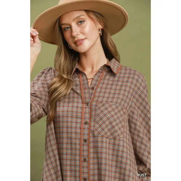 Umgee Plaid Button Down Oversized Shirt Dress - Rust - Medium - Image 6