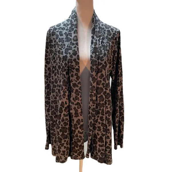 Allen Allen Gray, Black & Purple Leopard Print Open Front Cardigan Size Medium - Image 3