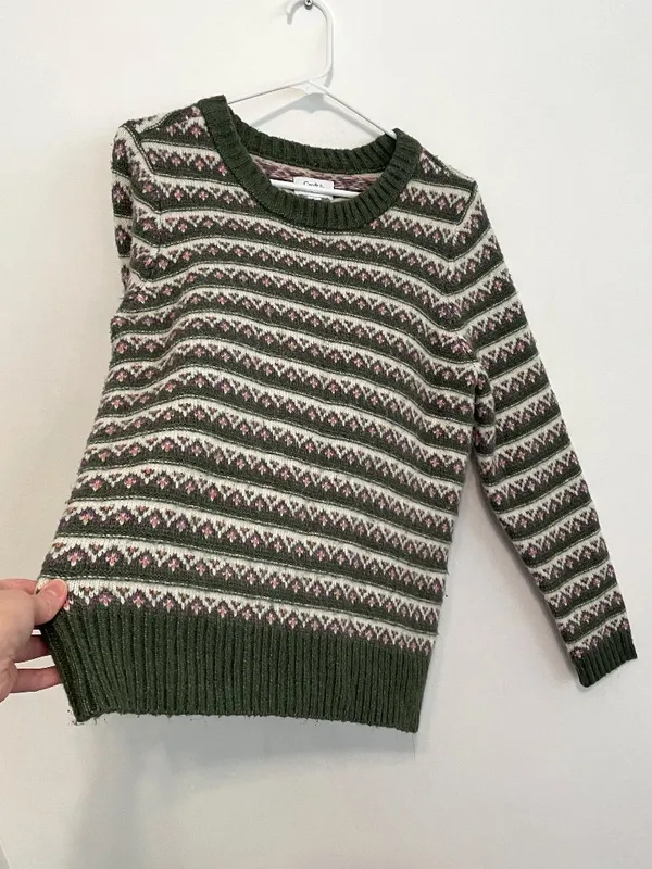 CROFT & BARROW Extra Cozy Sweater Olive Green White Fair Isle Geometric Hearts M - Image 11