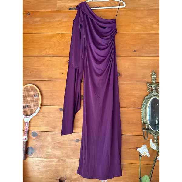 Lulus Maru Plum Purple Long Sleeve One-Shoulder Sash Dress Bridesmaid Medium - Image 2