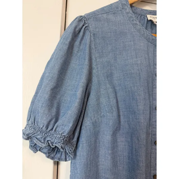 J.Crew Re-Imagined Blue Chambray Ruffle Trim Puff Sleeve Button Top Medium - Image 11