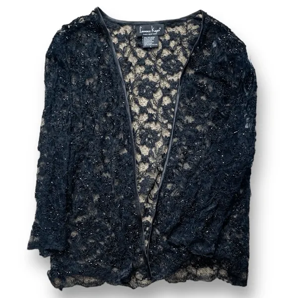 Vintage Laurence Kazar Black Beaded Lace Sheer Open Front Evening Jacket Romance - Image 3