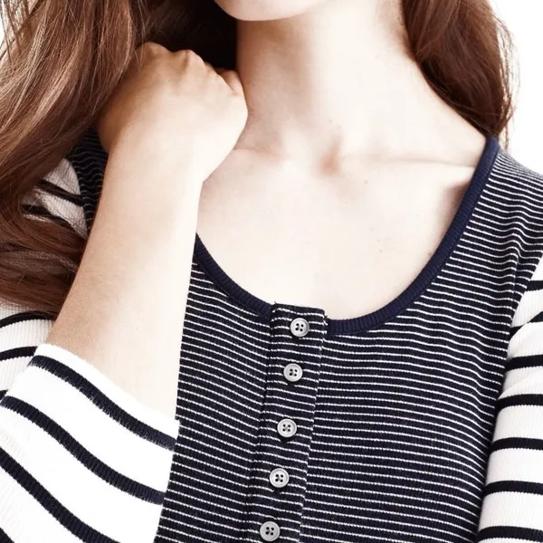 J. Crew Navy and White Striped Scoop Neck Ribbed Long Sleeve Henley - Image 6