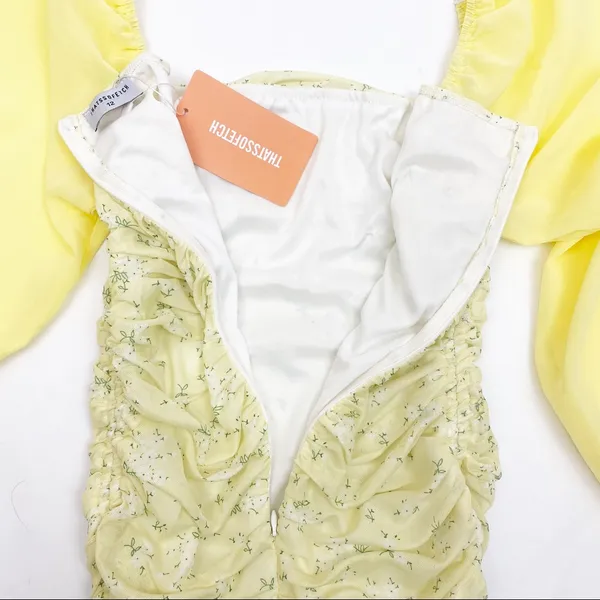 That’sSoFetch Lorde Ruched Puff Sleeve Mini Dress: Yellow Ditsy Floral - Image 13