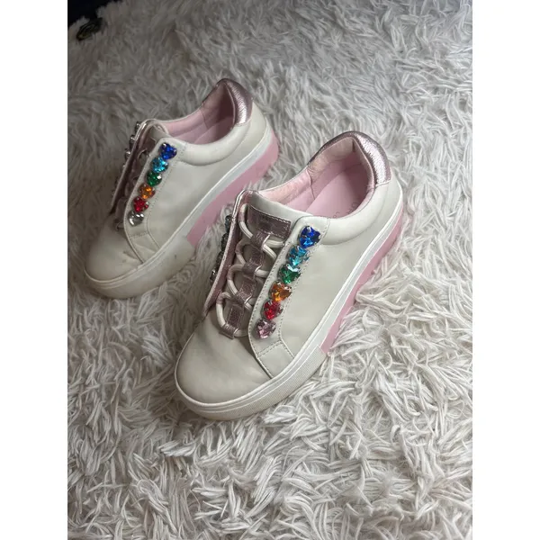 Kurt Geiger London White Pink Gem‎ Heart Embellished Sneakers Women 5.5 Youth 3 - Image 4