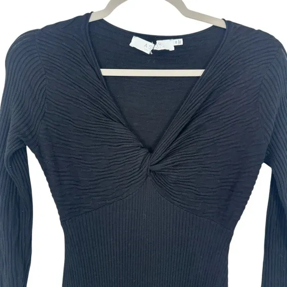 ASTR The Label Black Ribbed‎ Knit Twist Front V Neck Midi Dress XS Date Night - Image 3