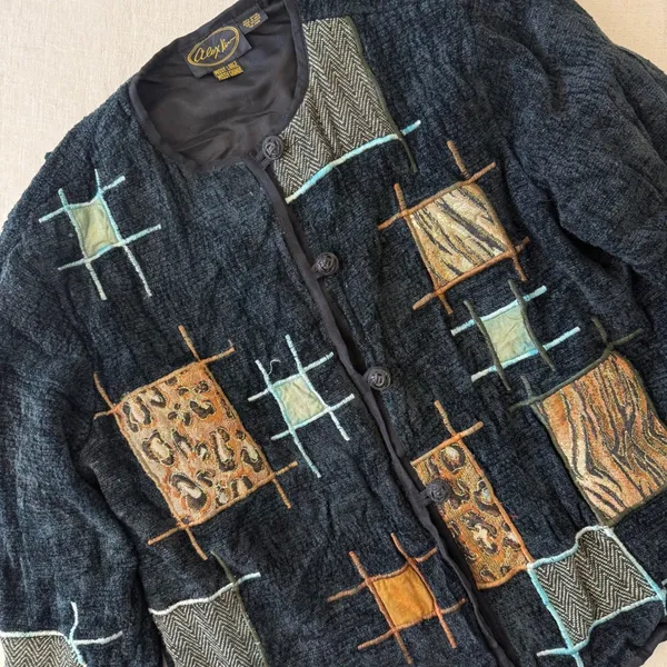 Alex Kin Vintage Patchwork‎ Animal Print Jacket Black Missy Large Art to Wear - Image 16