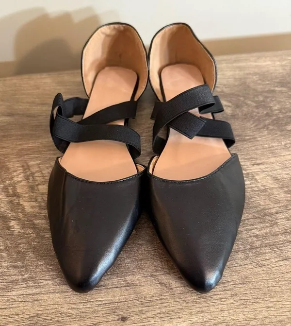 Black Faux Leather Flats Dress Shoes Size 40 Pointed Toe elastic straps - Image 2