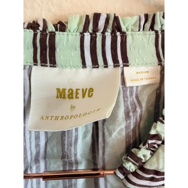 Maeve Blouse Womens Medium Mint‎ Green Brown Striped V-Neck Long Sleeve Top - Image 5