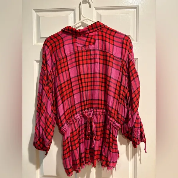 Free People Pacific Dawn plaid shirt snaps drawstring pink sz L M - Image 4