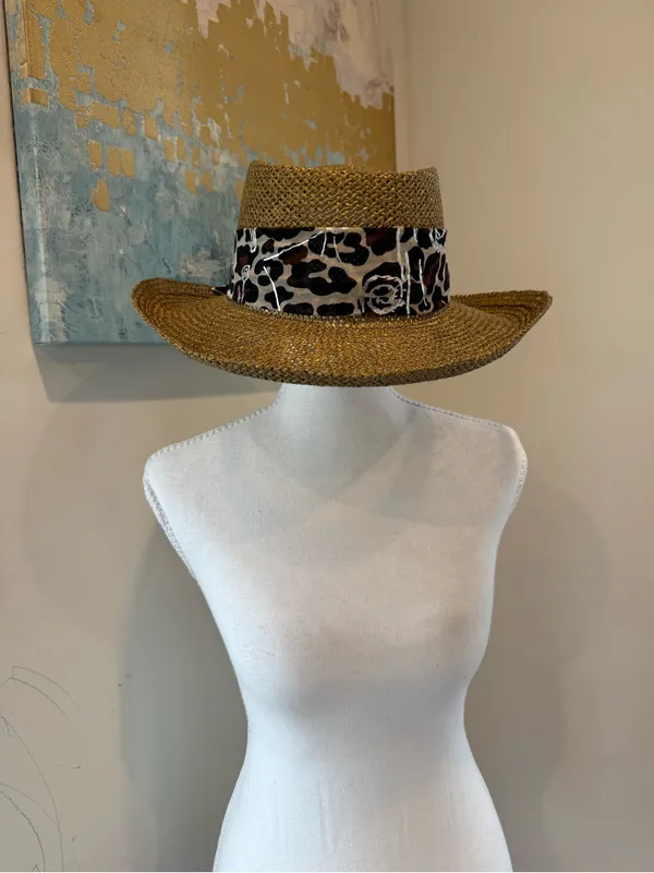 Source Unknown Straw Wide Brim Hat with Leopard Band - Brown - Image 2