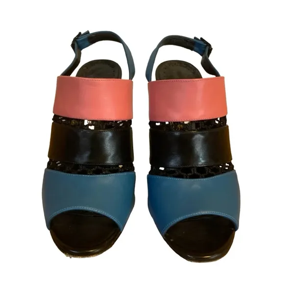 Manolo Blahnik "Aspendum" Black, Blue & Pink Leather W/Mesh Heels (36.5) - Image 2