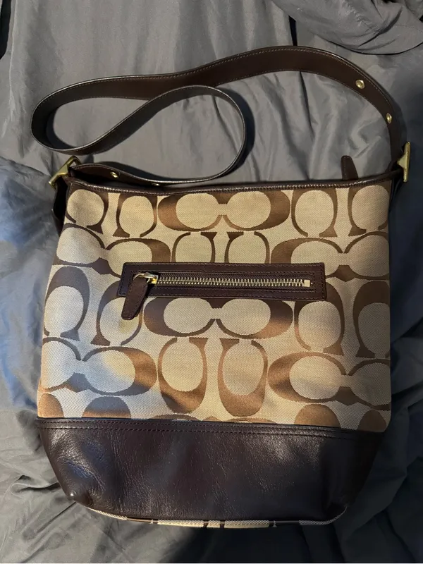 Coach Brown Signature Canvas Shoulder Bag with Dark Brown Leather Trim - Image 4