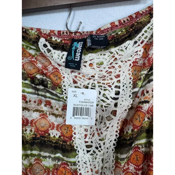 Weavers Boho Crochet Trim Printed Peplum Tube Top Rust‎ Olive Size XL New - Image 7