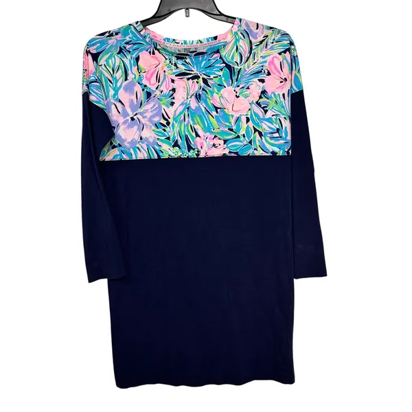 Lilly Pulitzer‎ Etta Dress Navy Blue Floral Pima Cotton Long Sleeve Shift Small - Image 2