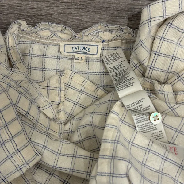 Fat Face Corduroy Ruffle Bib‎ Blouse Cream Blue Windowpane Plaid Size 4 Cottage - Image 9
