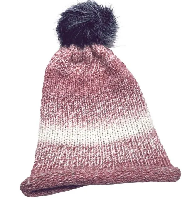 Handmade pom hat rose pink knit slouchy removable faux fur pompom adult winter - Image 9