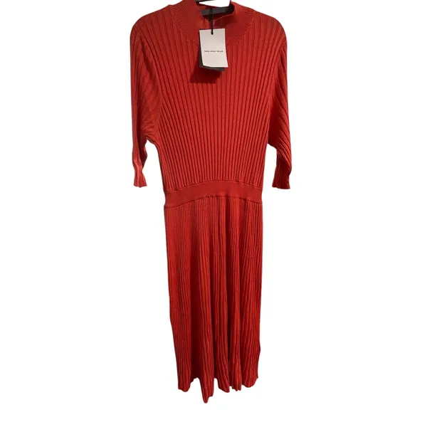 WHO WHAT WEAR Orange Ribbed Mock Neck‎ Elbow Sleeve Midi Sweater Dress - Image 2