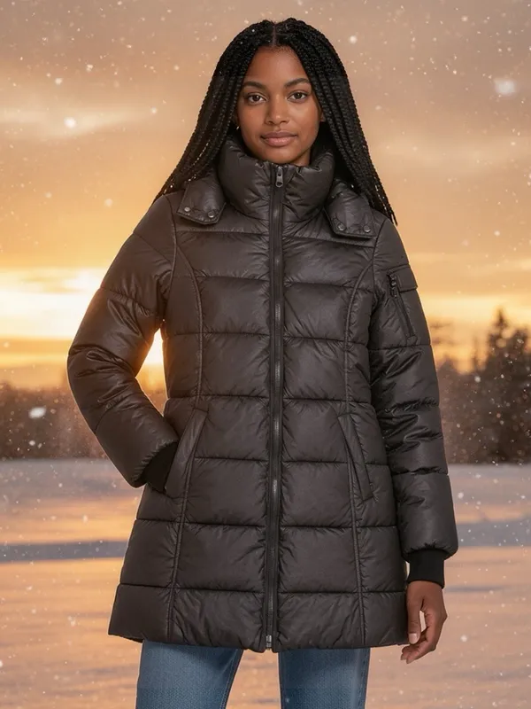 Noize Black Hooded Puffer Jacket Vegan Leather Trim Womens Medium Belt Missing - Image 3