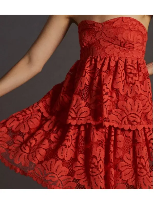 ANTHROPOLOGIE Maeve Strapless Lace Mini Dress Red size small No Shoulder Straps - Image 4