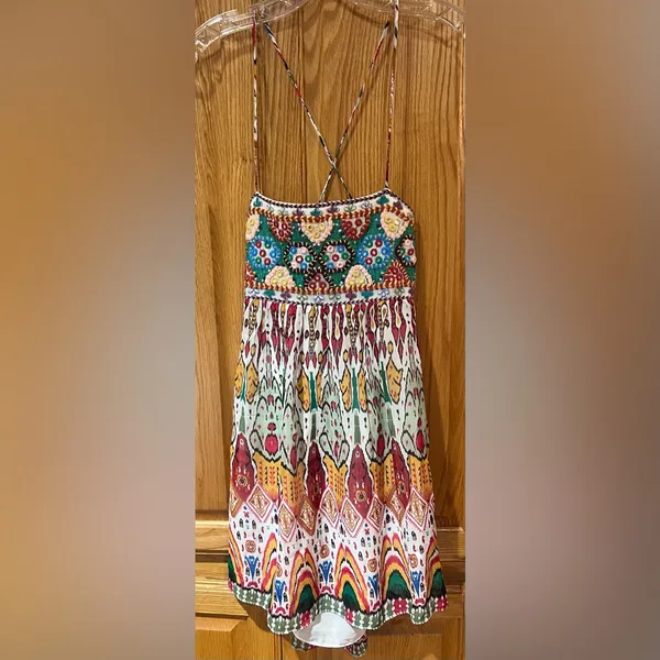 ZARA Geometric Print Straight Neck Strappy Embroidered Short Dress Size‎ Small - Image 11