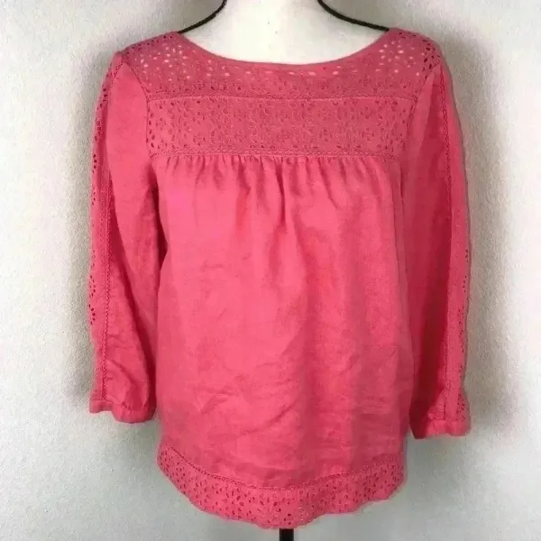 J.Crew Women’s Linen Salmon Coral Eyelet Top Size XS‎ Lightweight Casual - Image 3
