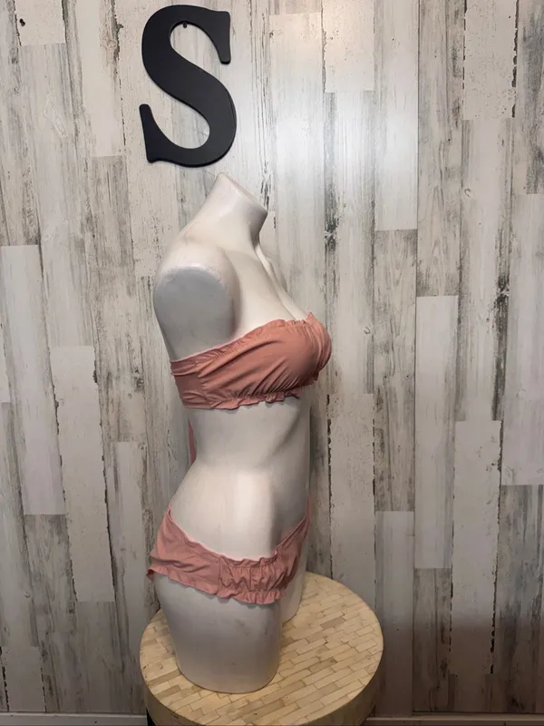 Zaful Strapless Bandeau Ruffle Bikini Set 2 Piece Swimsuit Womens Small Dusty Pi - Image 7