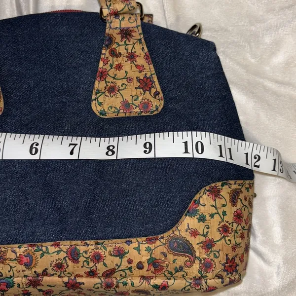 Blue Denim Handbag With Floral Corklike Design On Bottom & Handles Red Interior - Image 9