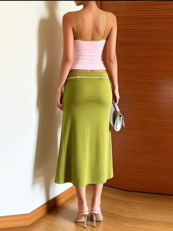Olive Green Midi Skirt with Waist Tie - Image 2